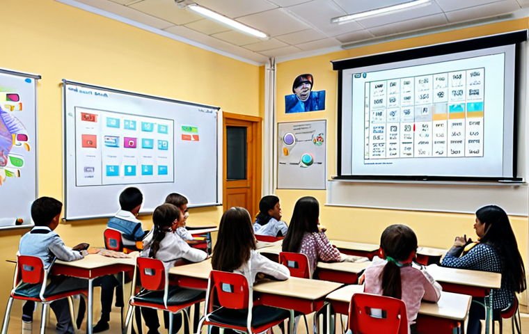 **
A vibrant digital classroom in Russia. Students are engaged with interactive whiteboards and modern technology. The scene reflects the integration of technology in Russian education, with a focus on online learning and digital tools. Bengali cultural elements are subtly incorporated into the background, such as artwork or clothing patterns, to resonate with the target audience.
**