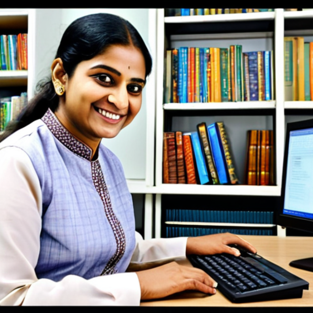 **
"A professional Bengali translator working in a modern office, fully clothed in a traditional salwar kameez, appropriate attire, safe for work. She is smiling slightly while looking at a computer screen displaying Russian text. The background shows bookshelves filled with books in various languages. Perfect anatomy, natural proportions, professional setting, modest, family-friendly, high quality."
**