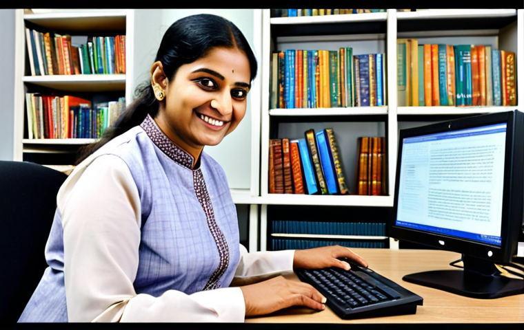 **
"A professional Bengali translator working in a modern office, fully clothed in a traditional salwar kameez, appropriate attire, safe for work. She is smiling slightly while looking at a computer screen displaying Russian text. The background shows bookshelves filled with books in various languages. Perfect anatomy, natural proportions, professional setting, modest, family-friendly, high quality."
**