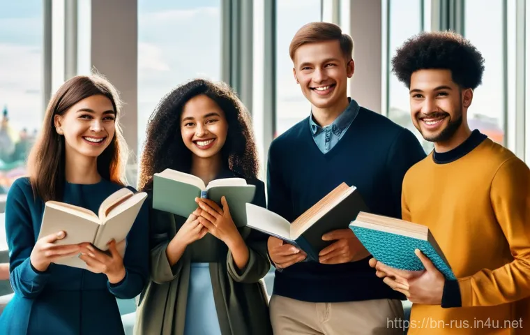 러시아어와 러시아 외교 - **Prompt:** A dynamic and colorful illustration depicting a group of diverse individuals—young adult...