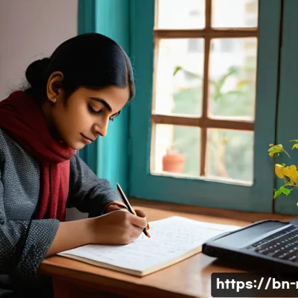 러시아어 쓰기 연습법 - A cozy study room scene featuring a Bengali learner diligently writing simple Russian sentences on p...