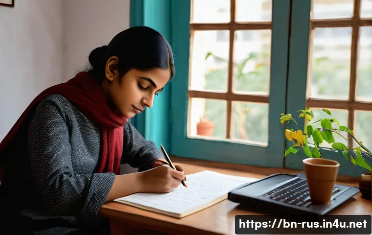 러시아어 쓰기 연습법 - A cozy study room scene featuring a Bengali learner diligently writing simple Russian sentences on p...