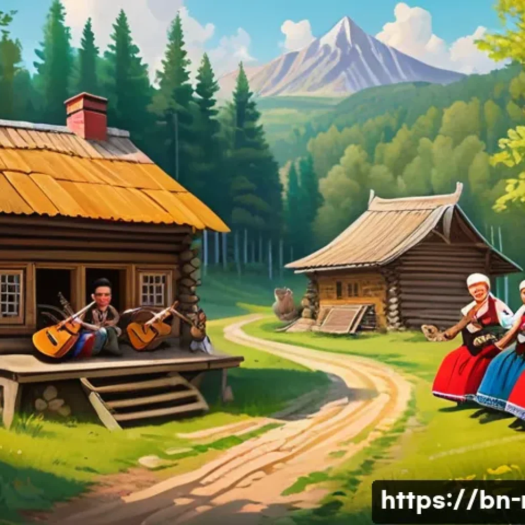 러시아어와 러시아 예술 - A detailed and vibrant illustration of a traditional Russian folk music scene set in a rustic villag...