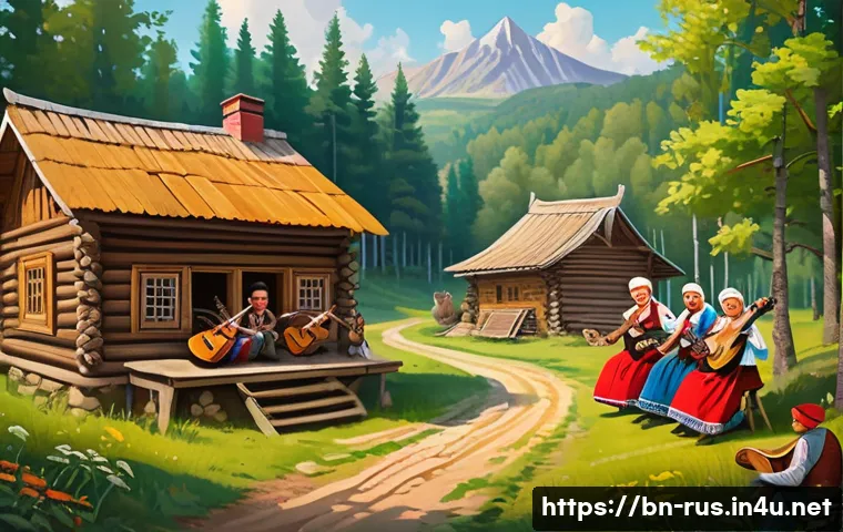 러시아어와 러시아 예술 - A detailed and vibrant illustration of a traditional Russian folk music scene set in a rustic villag...