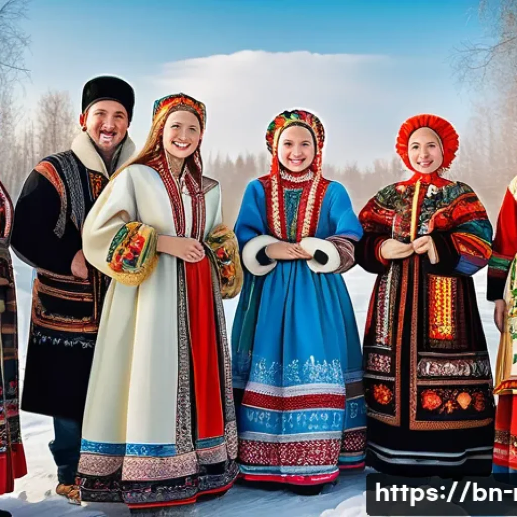 러시아어와 러시아 민속 - A vibrant scene depicting traditional Russian cultural diversity: a group of people from different r...