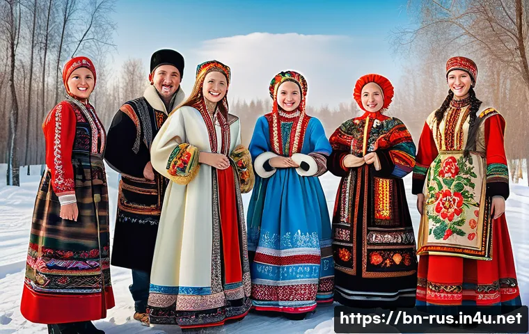 러시아어와 러시아 민속 - A vibrant scene depicting traditional Russian cultural diversity: a group of people from different r...