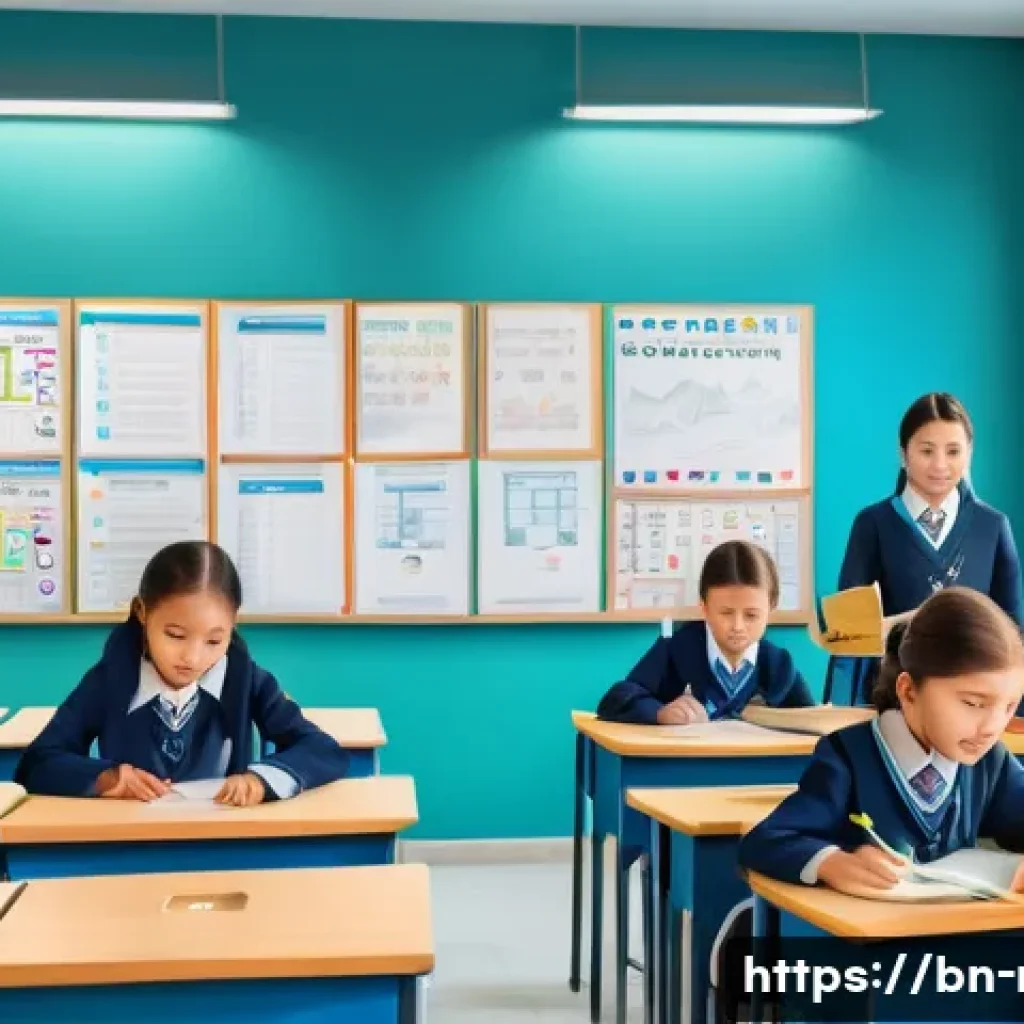 러시아어와 카자흐어 관계 - A detailed illustration of a bilingual classroom in Kazakhstan during the modern era, showing a dive...