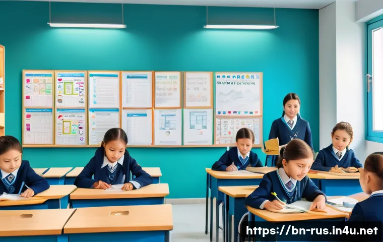 러시아어와 카자흐어 관계 - A detailed illustration of a bilingual classroom in Kazakhstan during the modern era, showing a dive...