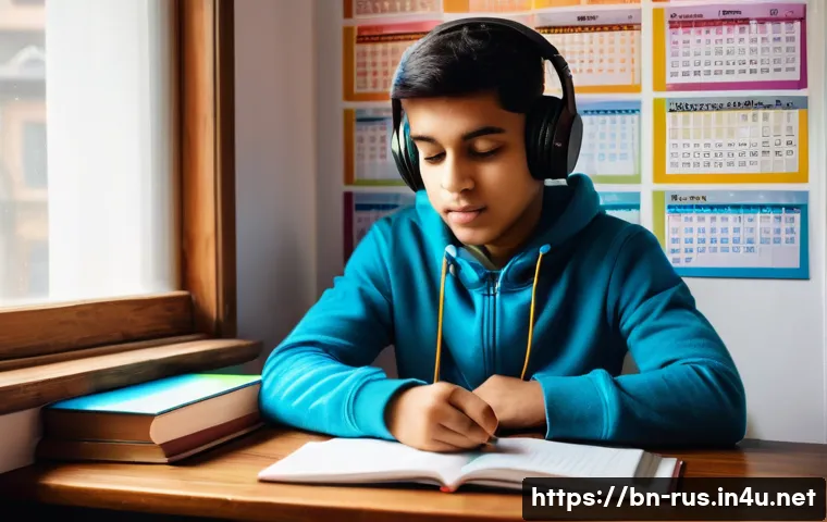 러시아어 어휘 확장 방법 - A cozy study room scene featuring a young Bengali learner sitting at a wooden desk surrounded by Rus...