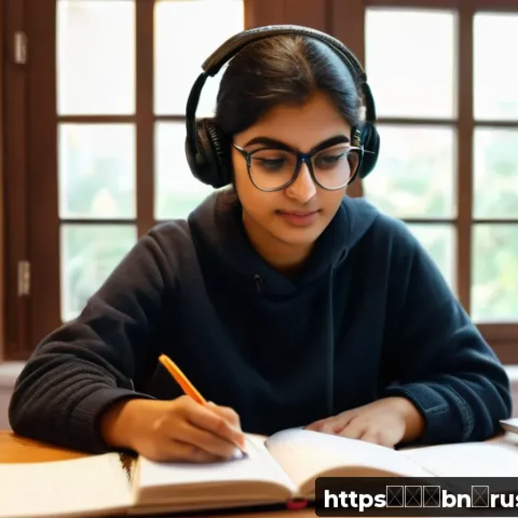 러시아어 빠르게 배우는 법 - A cozy study room scene featuring a young Bengali adult woman sitting at a wooden desk filled with n...