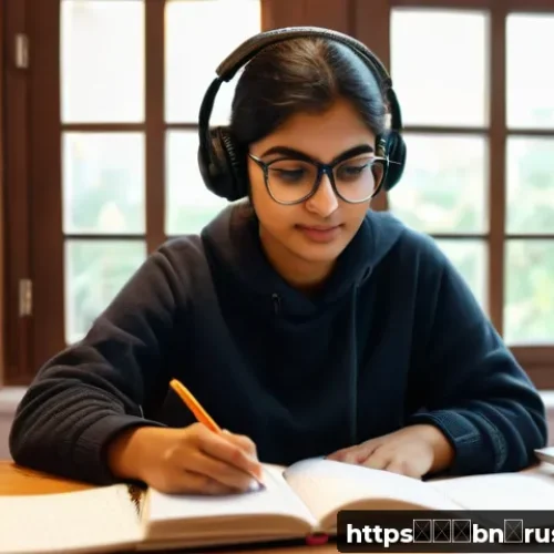 러시아어 빠르게 배우는 법 - A cozy study room scene featuring a young Bengali adult woman sitting at a wooden desk filled with n...