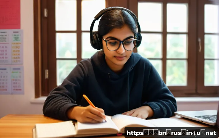 러시아어 빠르게 배우는 법 - A cozy study room scene featuring a young Bengali adult woman sitting at a wooden desk filled with n...