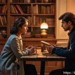러시아어와 러시아 TV 프로그램 - A detailed scene of a Russian romantic drama set in a cozy urban apartment during winter twilight, f...