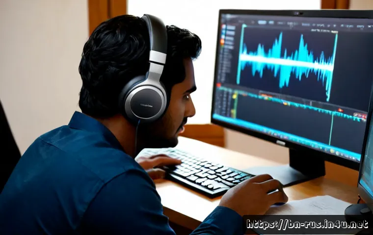 러시아어 자막 제작 방법 - Photorealistic close-up of a focused Bengali freelance video editor wearing headphones at a clean ho...